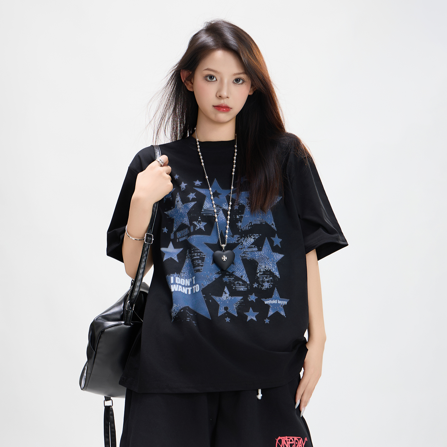 潮牌短袖星星印花宽松正肩t恤女