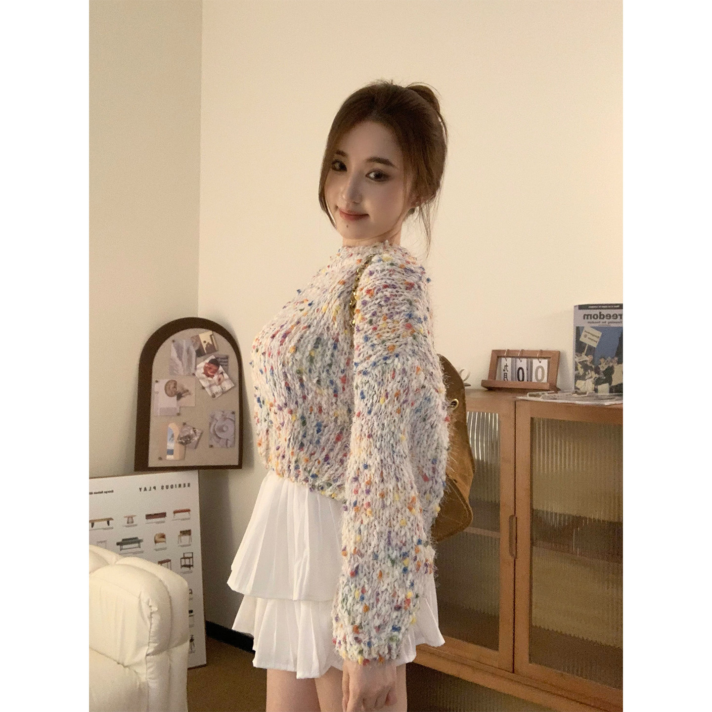 韩系彩色毛衣女半高领套头短款