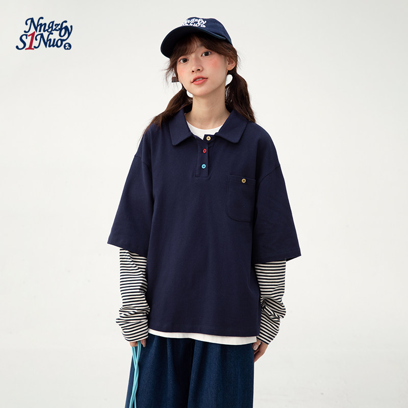 诺诺公主S1N初中生长袖T恤女2026春季新大童青少年假两件POLO衫女