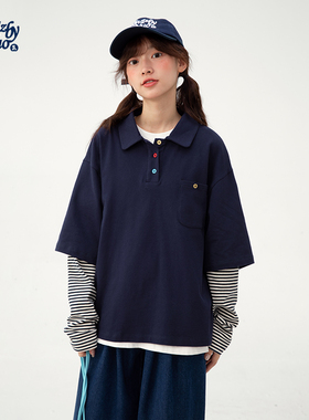 诺诺公主S1N初中生长袖T恤女2026春季新大童青少年假两件POLO衫女