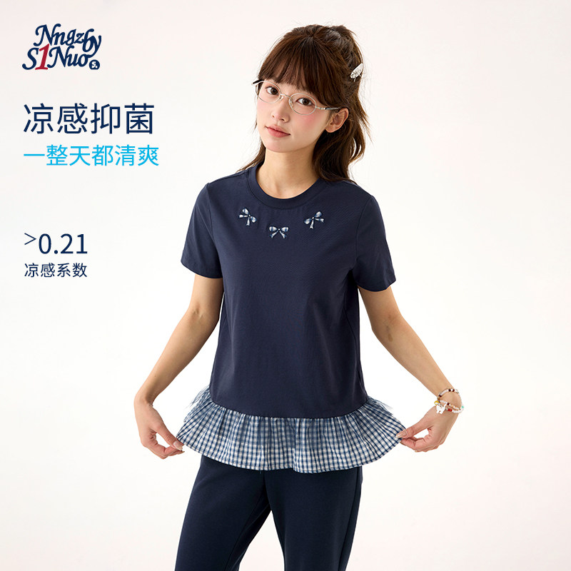 诺诺公主S1N初中生假两件花边短袖T恤女2026夏青少年撞色修身上衣图片