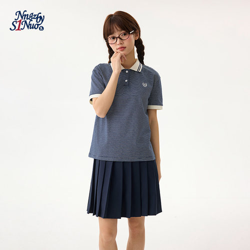 诺诺公主S1N初中生polo领条纹短袖T恤女2026夏季撞色正肩显瘦上衣