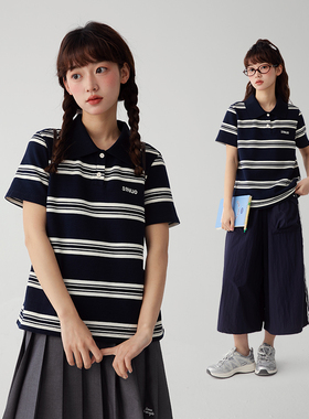 诺诺公主S1N 初中生春夏Polo翻领短袖T恤女青少年显瘦学院风上衣