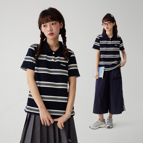 诺诺公主S1N 初中生春夏Polo翻领短袖T恤女青少年显瘦学院风上衣
