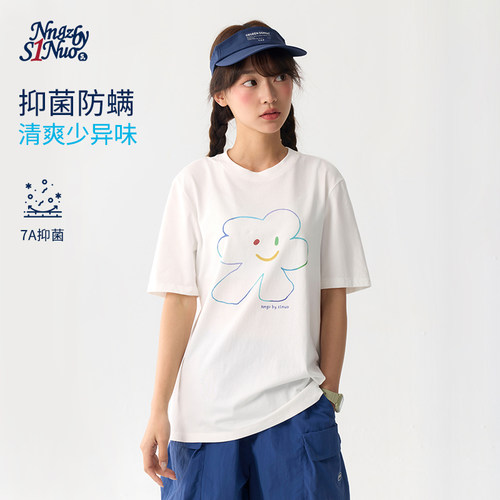 诺诺公主S1N初中生2026夏季线条印花短袖T恤女青少年运动休闲上衣