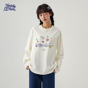 诺诺公主S1N初中生2026春季 印花T恤女青少年圆领套头简约打底上衣