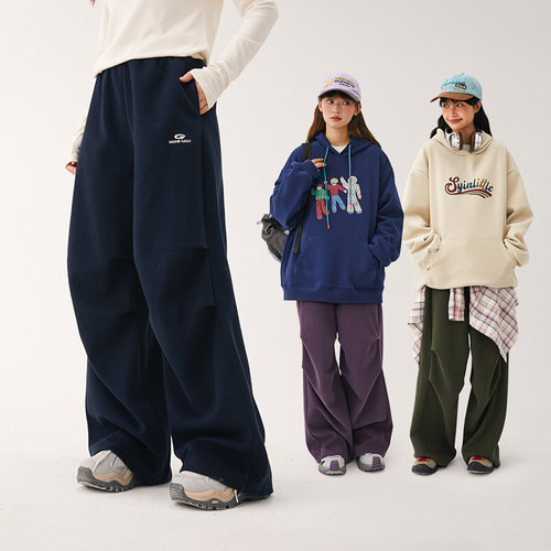 诺诺公主S1N初中生秋季美式复古休闲运动裤宽松阔腿裤子青少年女