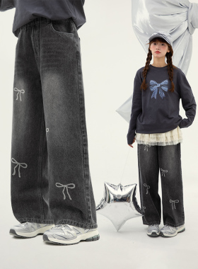 诺诺公主S1N初中生秋Y2K裤子蝴蝶结牛仔裤女格雷系蝴蝶结印花显瘦