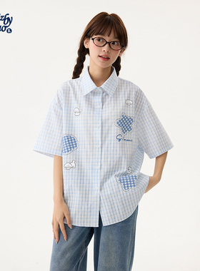 诺诺公主S1N初中生蓝色格子短袖衬衫女学院风印花T恤宽松POLO衫夏