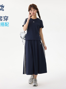 诺诺公主S1N初中生撞色织带套装学院风A字中长裙修身针织短袖T恤
