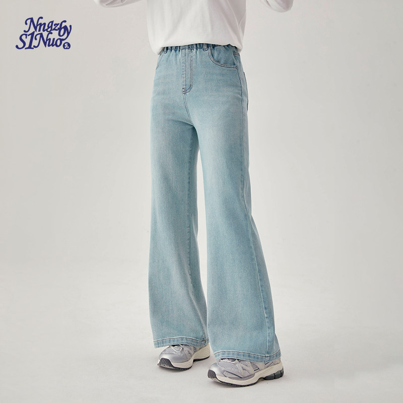 诺诺公主S1N初中生2026春季浅蓝牛仔裤女青少年百搭刺绣喇叭裤子