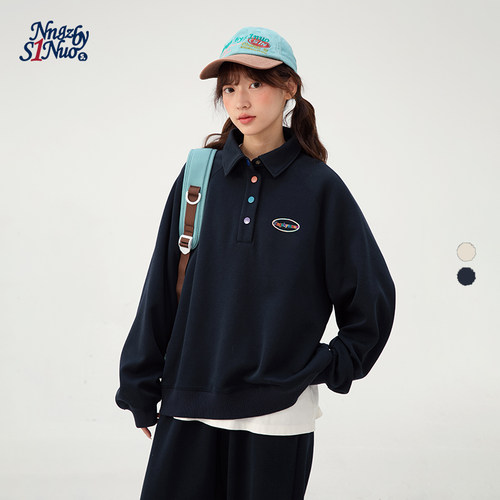 诺诺公主S1N初中生2026秋新款亨利领POLO衫女青少年休闲宽松卫衣