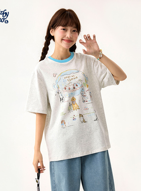 诺诺公主S1N初中生夏季印花短袖T恤女青少年撞色卡通可爱休闲上衣