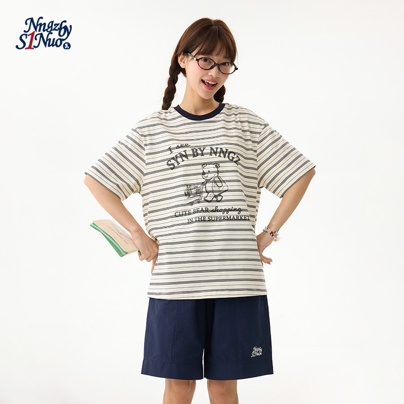 诺诺公主S1N初中生2026夏季条纹卡通短袖T恤女青少年宽松显瘦上衣