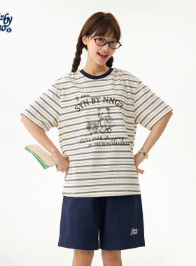 诺诺公主S1N初中生2026夏季条纹卡通短袖T恤女青少年宽松显瘦上衣