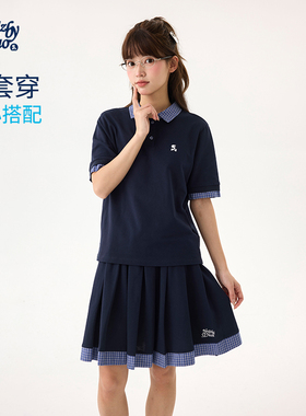 诺诺公主S1N初中生夏季polo学院套装女青少年格子撞色上衣半身裙