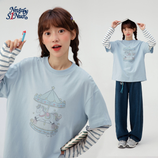 休闲撞色长袖 韩版 T恤 新款 诺诺公主S1N初中生假两件上衣女2026春季