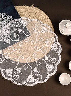 蕾丝绣花餐垫圆形餐桌垫子欧式复古白色唯美花边刺绣布艺茶几垫子