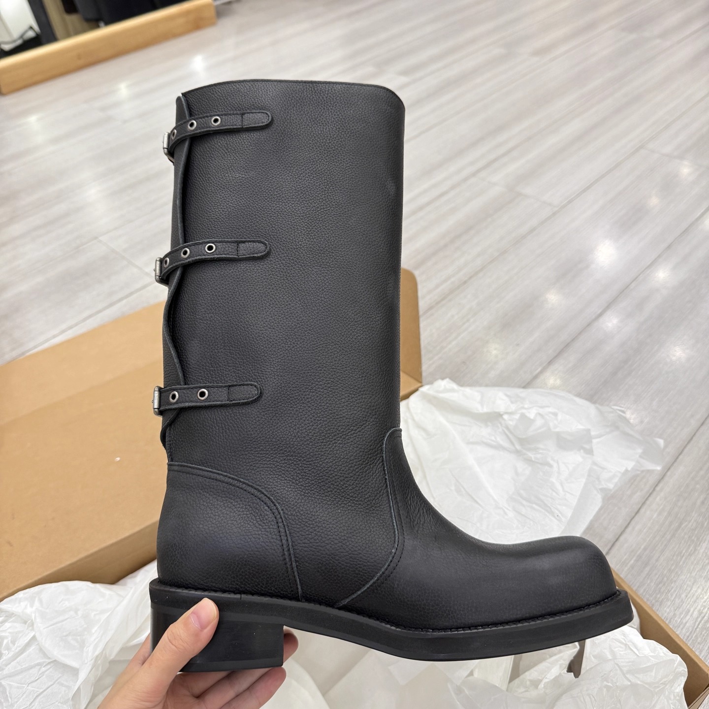 蒿版本韩国东大门手工鞋weare同款搭扣绑带圆头真皮高筒靴骑士靴