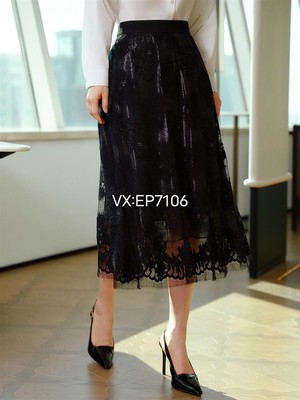 高级系列黑色利巴蕾丝优雅过膝伞裙弹力腰头半裙 EPKPA3404A-6299