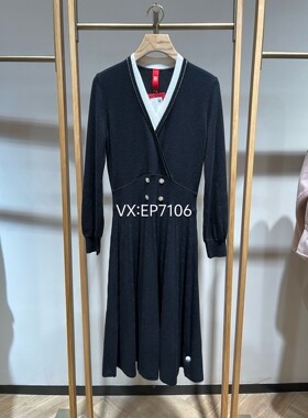 秋冬款高端系列黑色羊毛羊绒混纺撞色针织连衣裙 EPJIG9402B-7299