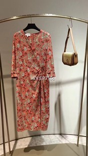 秋款 4299 橙色真丝V领收腰印花收腰连衣裙 EGJAS4651A
