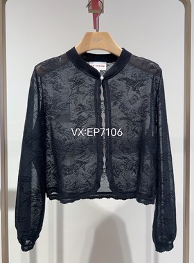 春夏款黑色轻薄醋酸棉混纺暗纹提花罩衫针织开衫 EGKET9102A-2199