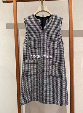 秋冬款黑色千鸟格马甲裙无袖花呢羊毛连衣裙 EGIAW4102A-2999