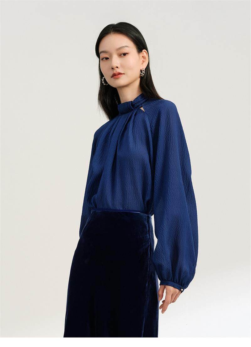 春夏款藏青色肌理感宽松真丝长袖衬衫 EGKPS2338A-2399