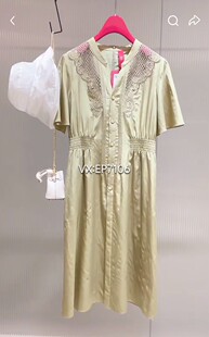 高级系列绿色桑蚕丝棉混纺镂空拼接收腰连衣裙 5999 EPKES4602A