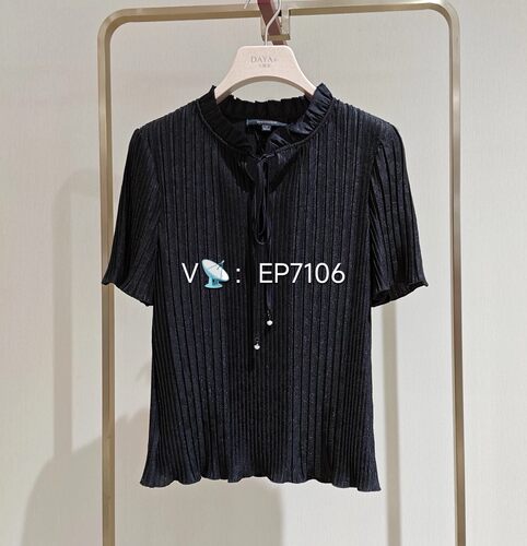 大雅家firststation春夏款黑色花瓣领系带褶皱短袖衬衫HFKEA2332A