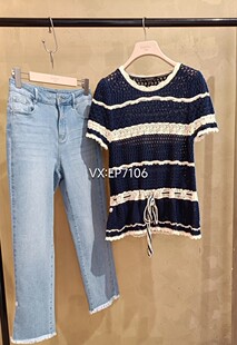 2599 HFJEC9531A 大雅家春夏款 藏青色镂空条纹收腰绑带针织衫