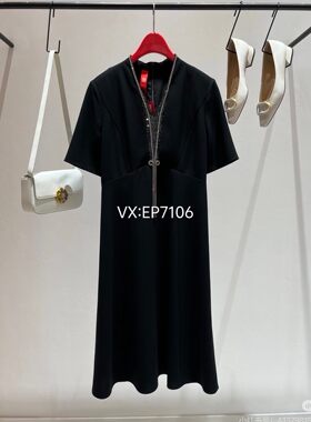 春夏款高级系列黑色V领修身优雅气质连衣裙 EPJET4662A-5999