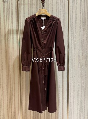 秋冬款酒红色赫本风泡泡袖收腰连衣裙 EGIAC4621B-3299