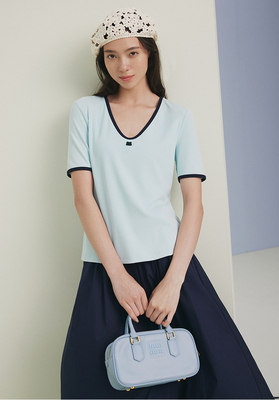 大雅家夏款时尚圆领坑条肌理双色撞色修身T恤衫 HFKPC5301A-1199