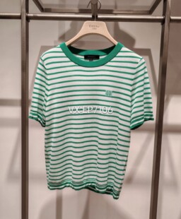 大雅家春夏款绿色时尚圆领条纹套头短袖毛衣 HFJET9508A-2199