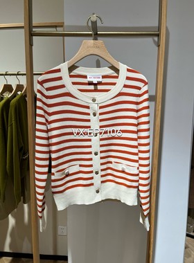 专柜正品橙色绵羊毛条纹U型套头式开衫外套毛衣 EGJPW9123A-2699