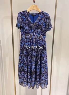 大雅家春夏款黑色优雅V领荷叶袖碎花连衣裙 HFJES4659A-4999