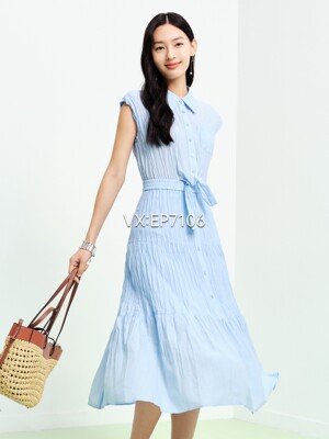 大雅家时尚翻领腰部系结褶艺微罩袖收腰连衣裙 HFLEA4656A-3399