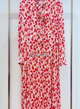 春夏款红色温柔风真丝收腰泡泡袖印花连衣裙 EGKPS4607A-4699