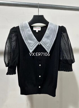 春夏款黑色减龄娃娃领泡泡袖蕾丝拼接针织衫 EGGEA9515B-1699