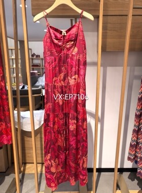 春夏款弹力桑蚕丝印花休闲度假风红色吊带连衣裙 EGKES4210A-4999