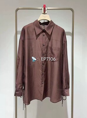春夏款咖色多巴胺风休闲翻领单排扣两侧抽褶长袖衬衫 HFLEA2108A