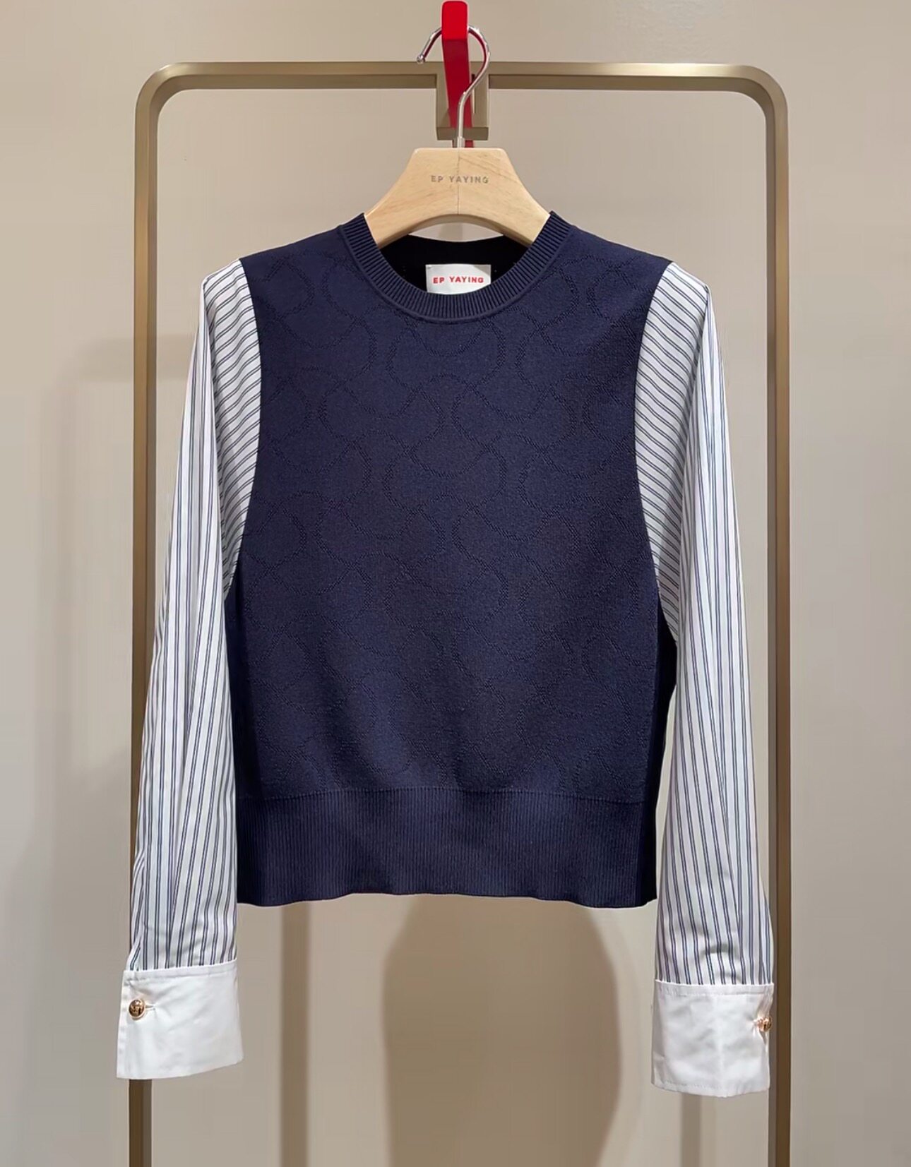 春夏款藏青色纯棉圆领宽松针织相拼条纹衬衫 EGKPC2351A-2199