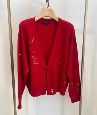 大雅家春夏款新中式V领提花珠片绣长袖针织开衫 HFKPW9123A-3799