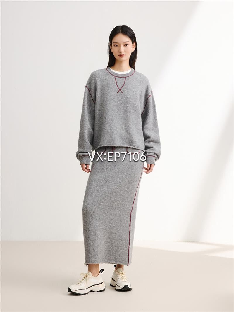 秋冬款灰色羊毛羊绒混纺宽松针织卫衣套头衫 EGJIG9516A-3699