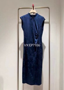 藏青色真丝提花收腰抽褶优雅开衩连衣裙 3999 EGKES4660A