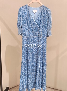 秋冬款蓝色V领泡泡袖印花修身连衣裙 EGIAS4639A-4299