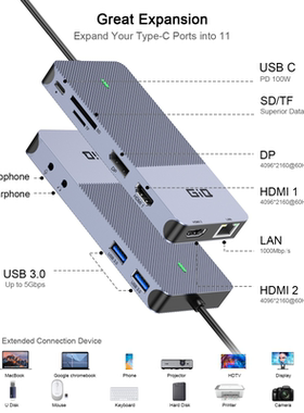 QGeeM扩展坞11合1typeC多屏异显displaylink手机电脑4K60高清 hub