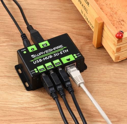 微雪 3路USB+百兆网口拓展hub转接器 工业级金属外壳多功能集线器